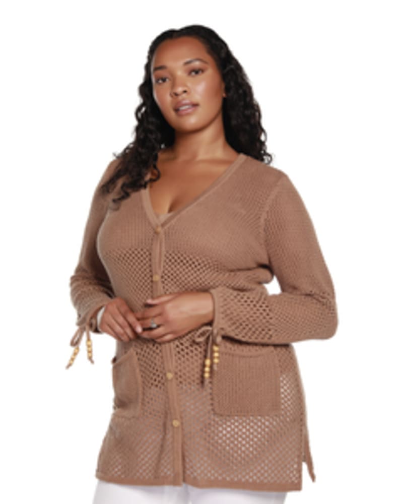 Front of a model wearing a size 1X Magnolia Button Up Cardigan in Iced Latte by Belldini Black Label. | dia_product_style_image_id:246141